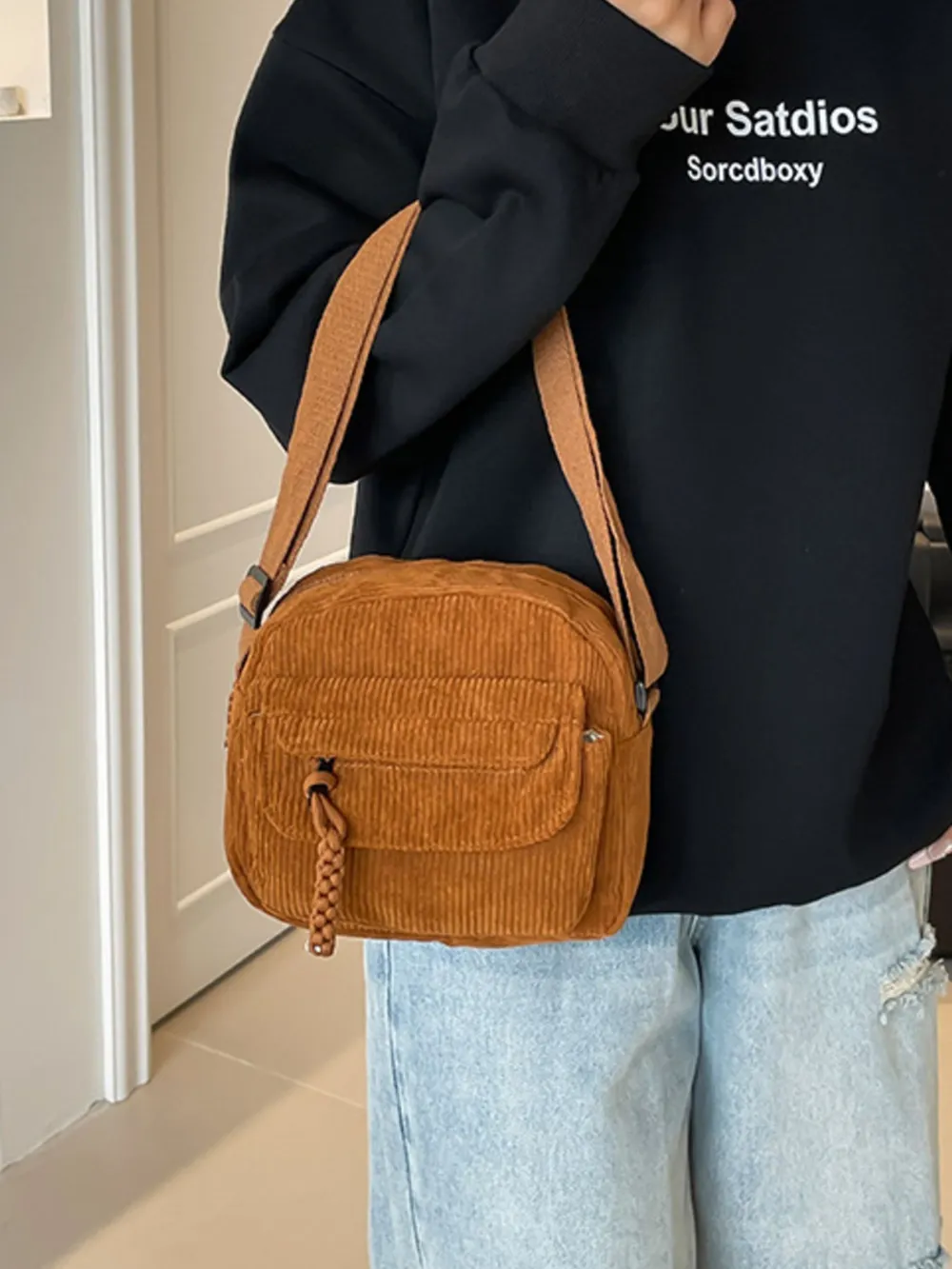 Corduroy Crossbody Bag with Adjustable Strap, image 6