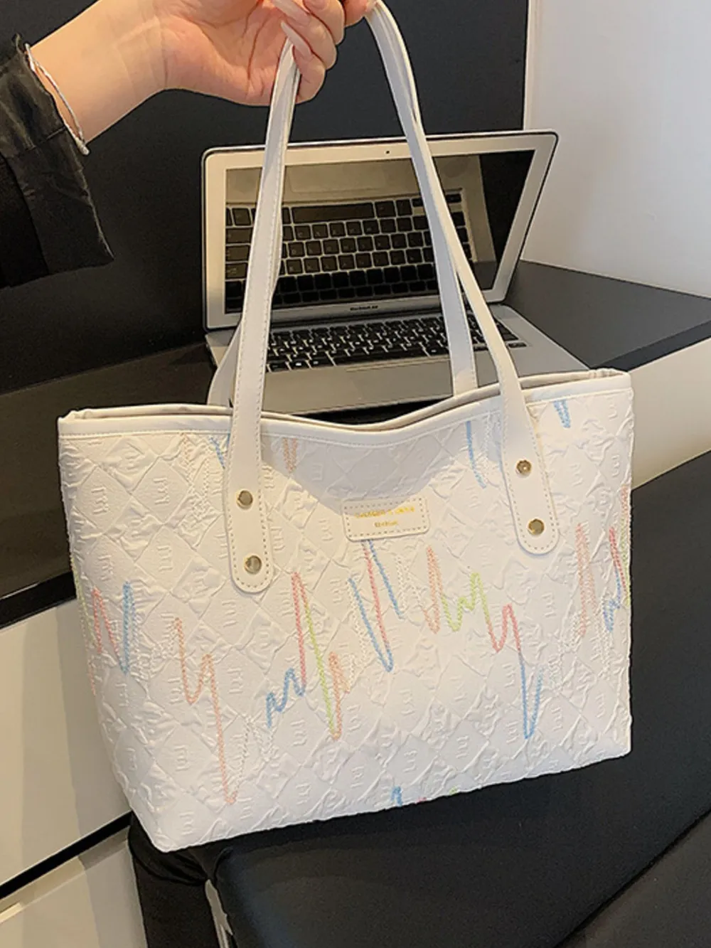 Contrast PU Leather Tote Bag, image 9
