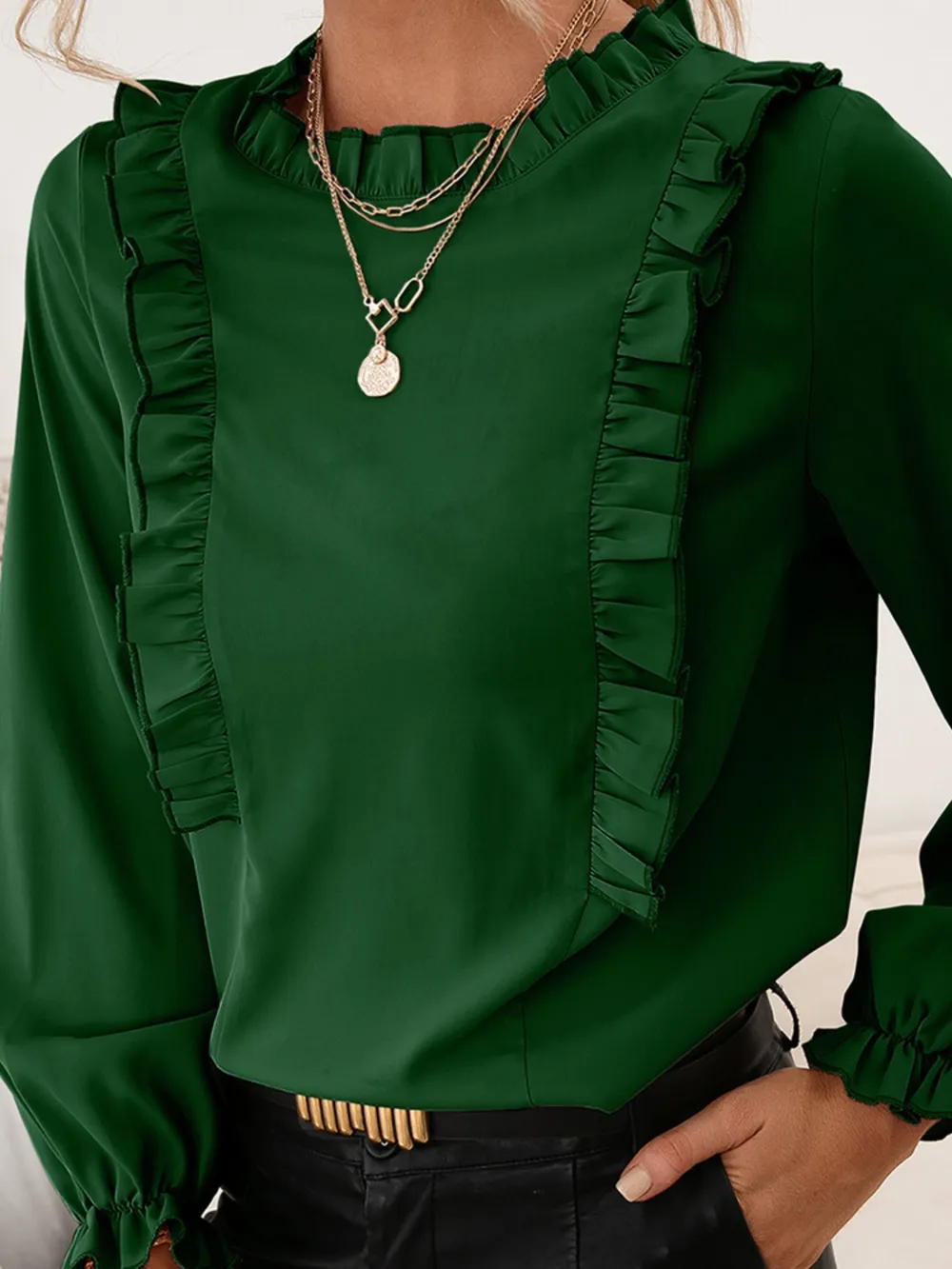 Frill Round Neck Flounce Sleeve Blouse, image 10