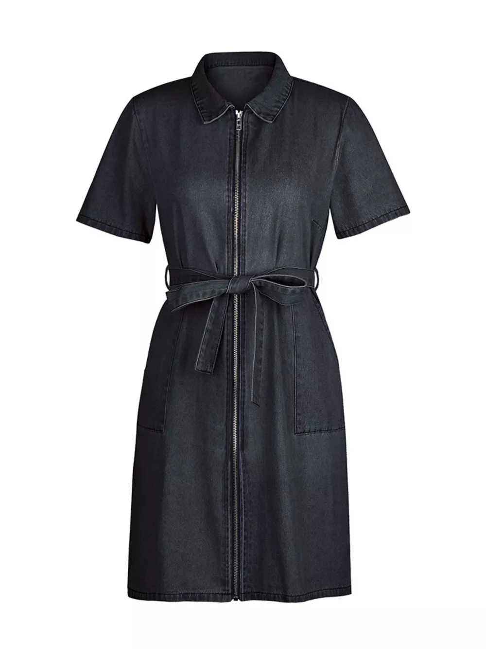 Zip Front Short Sleeve Denim Dress, image 12