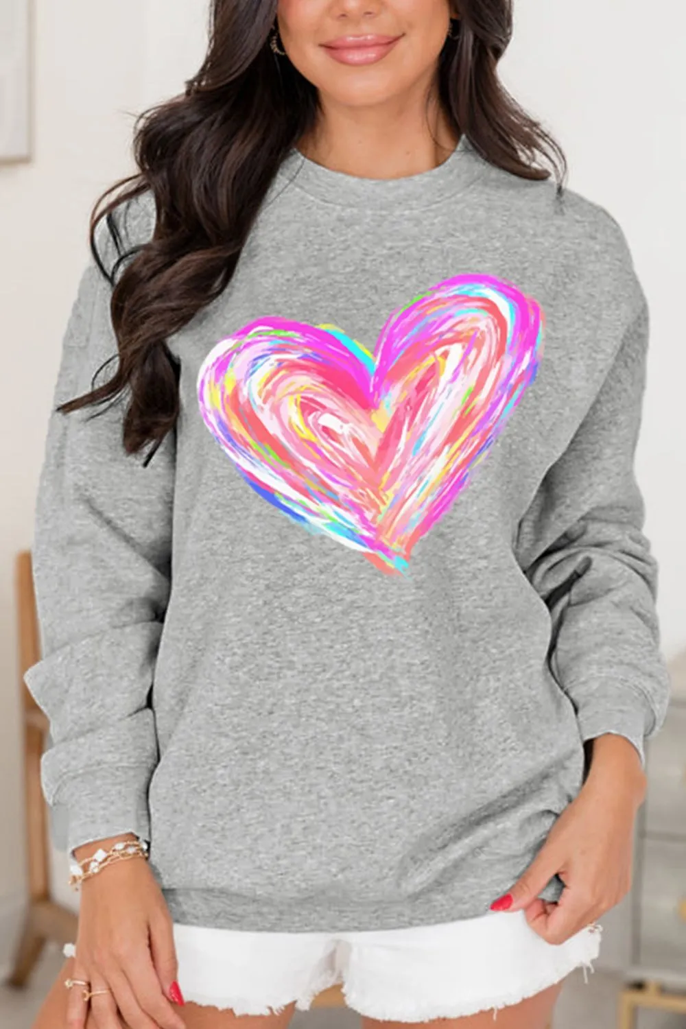 Valentine’s Day Heart Round Neck Drop Shoulder Sweatshirt, image 3