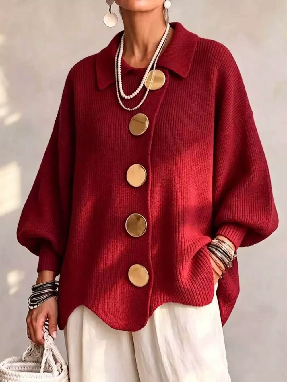 Full Size Gold Buttons Lantern Sleeve Cardigan Plus Size, image 10