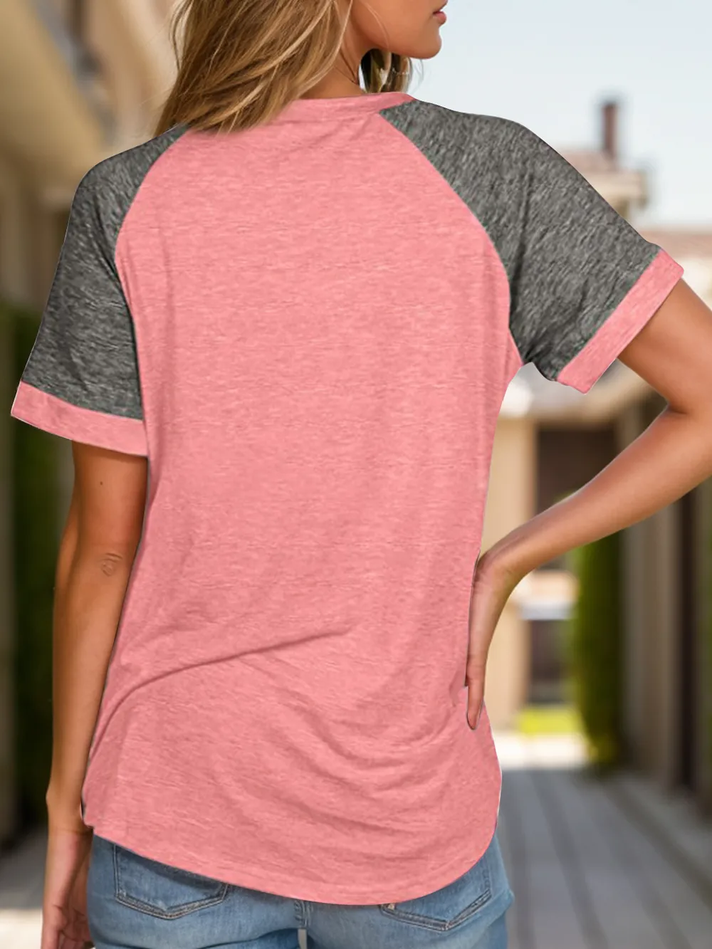 Full Size Contrast Round Neck Short Sleeve T-Shirt, image 6
