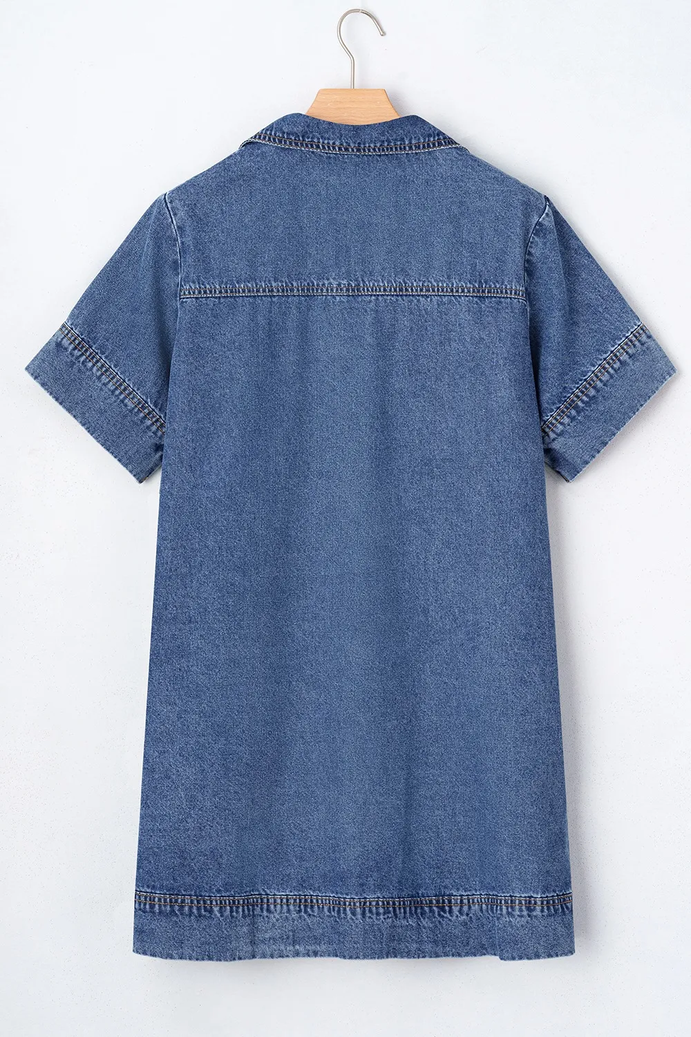 Short Sleeve Collared Patched Pocket Denim Mini Dress, image 6