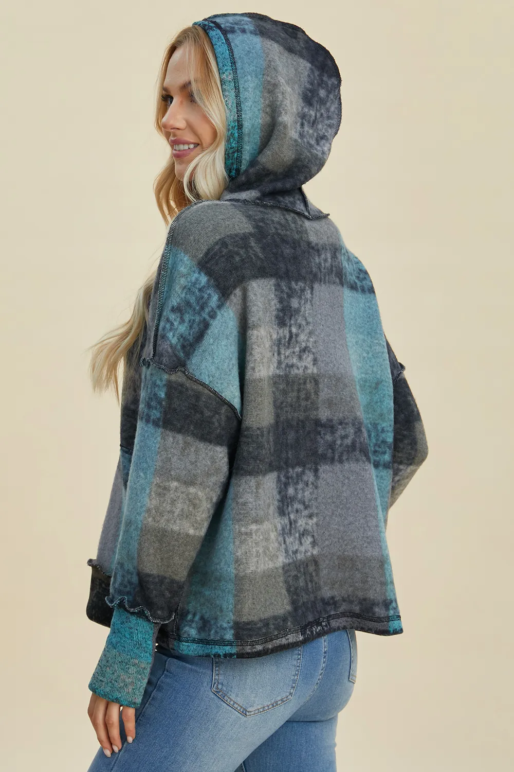 Full Size Plaid Dropped Shoulder Fleece Hoodie, image 6