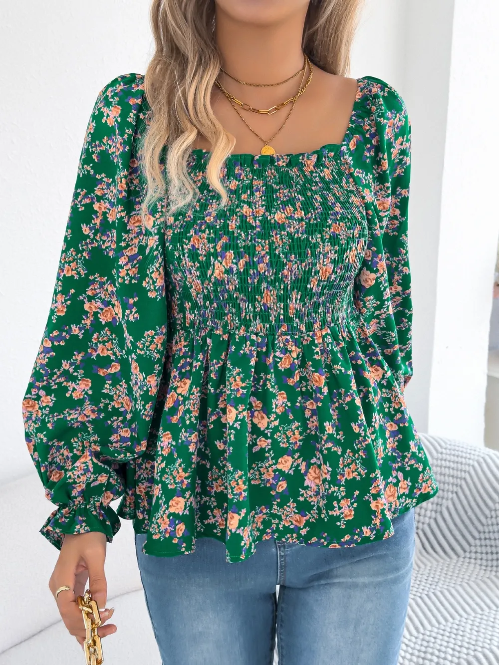 Floral Square Neck Flounce Sleeve Blouse