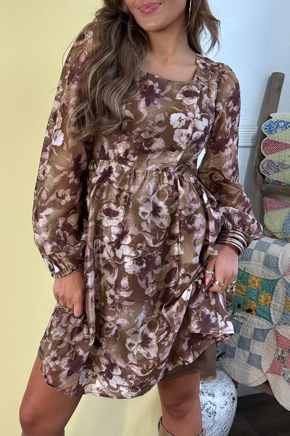 Abstract Floral Print Square Neck Long Sleeve Mini Shift Dress, image 3