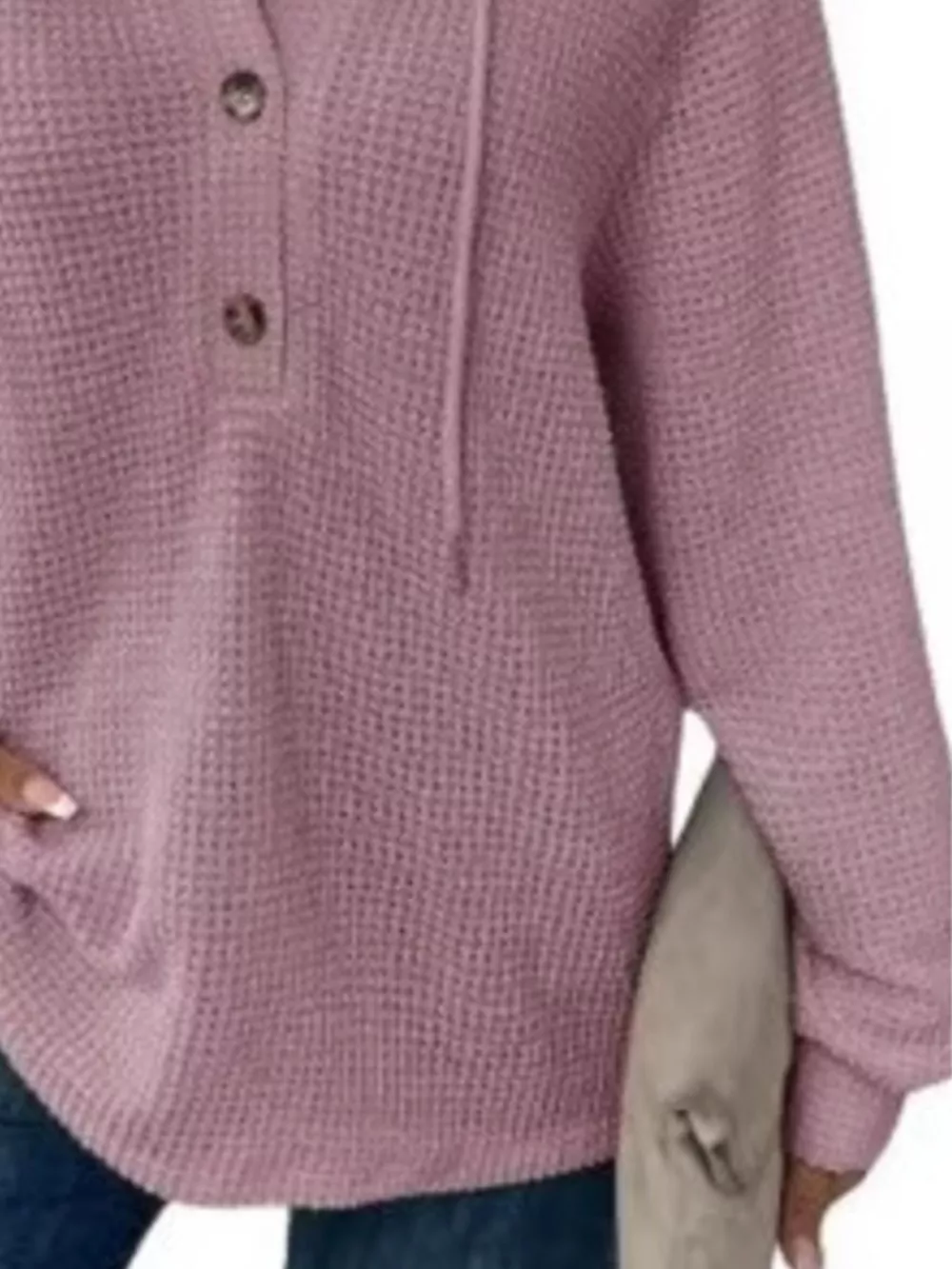 Full Size Button Detail Waffle Knit Hoodie Plus Size, image 5