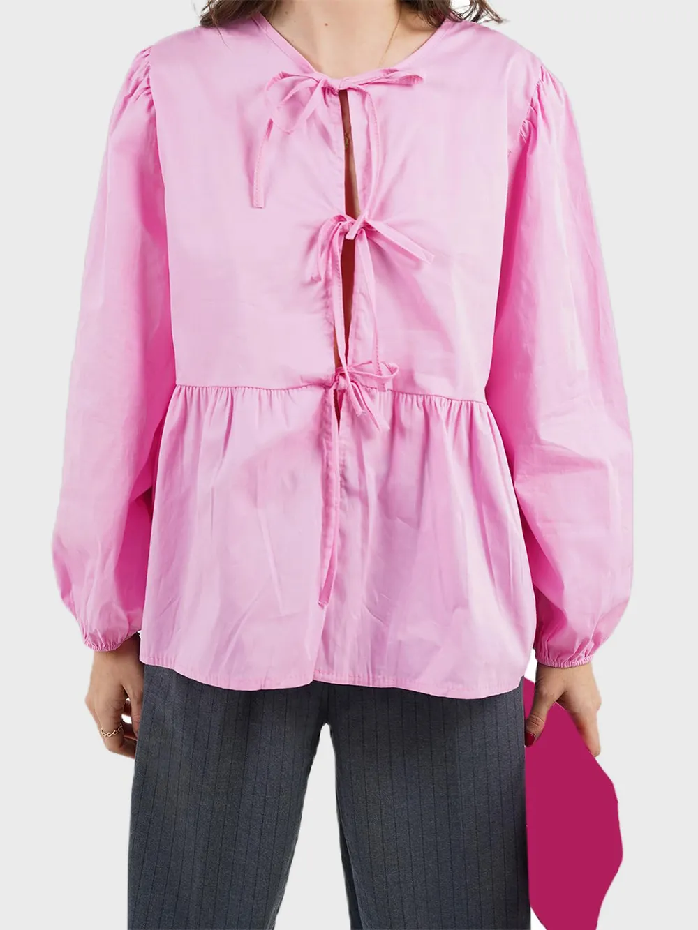 Tied Round Neck Long Sleeve Blouse, image 6