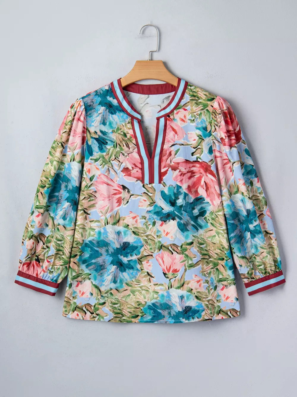 Contrast Trim V Neck Cuffed Bracelet Sleeve Floral Blouse, image 6