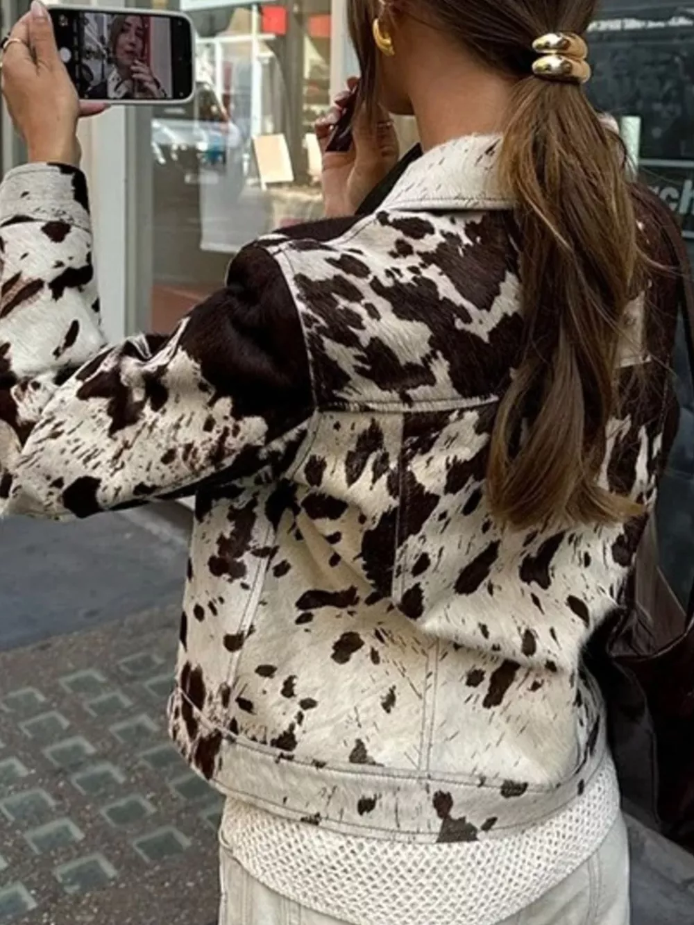 Cow Print Collared Neck Jacket, image 4