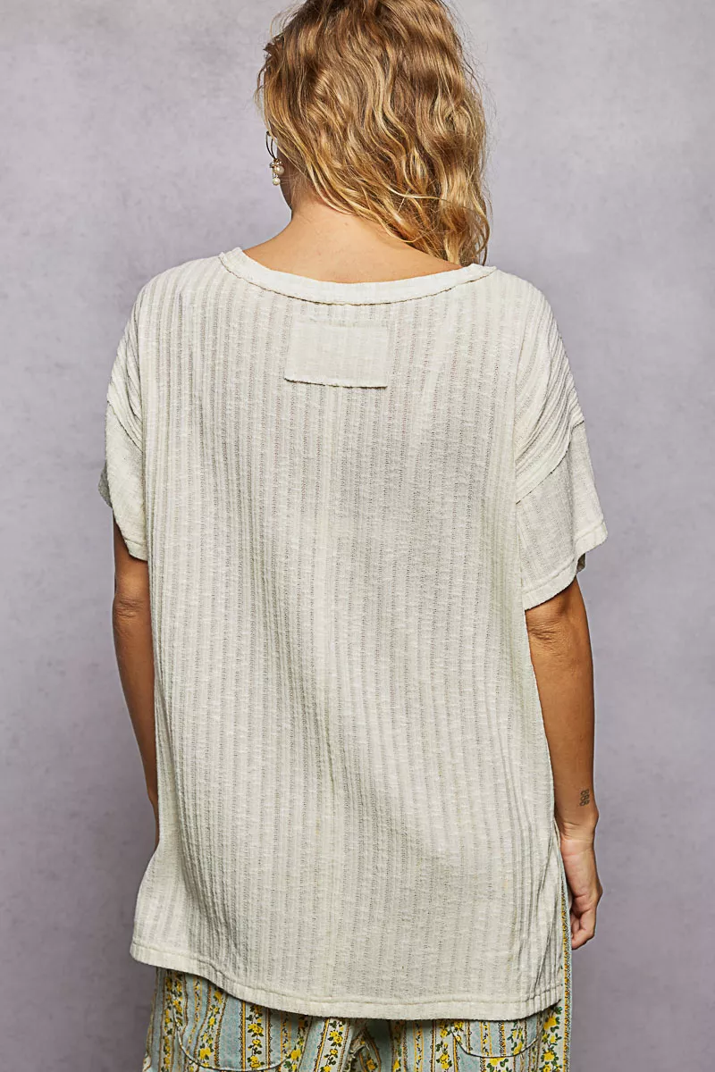 Ribbed Knit V-Neck Short Sleeve T-Shirt with Side Slit, image 3