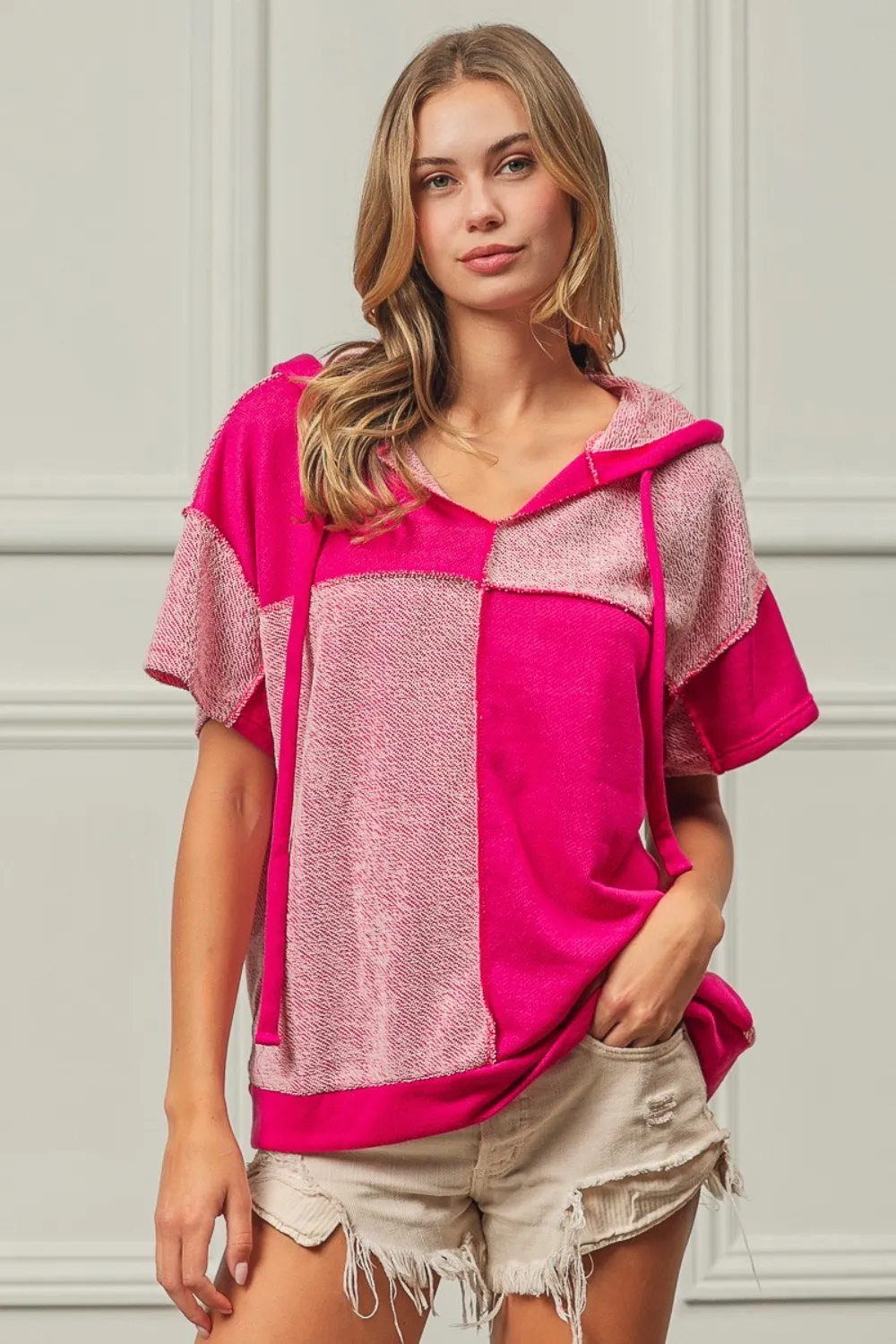 Color Block Exposed Seam Short Sleeve Hooded Top, image 5