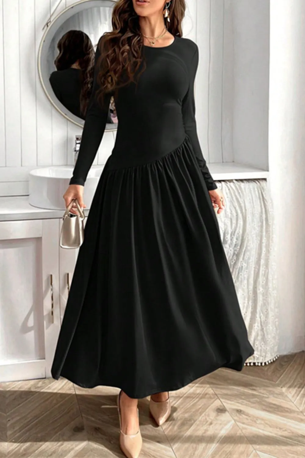Ruched Round Neck Long Sleeve Dress, image 4