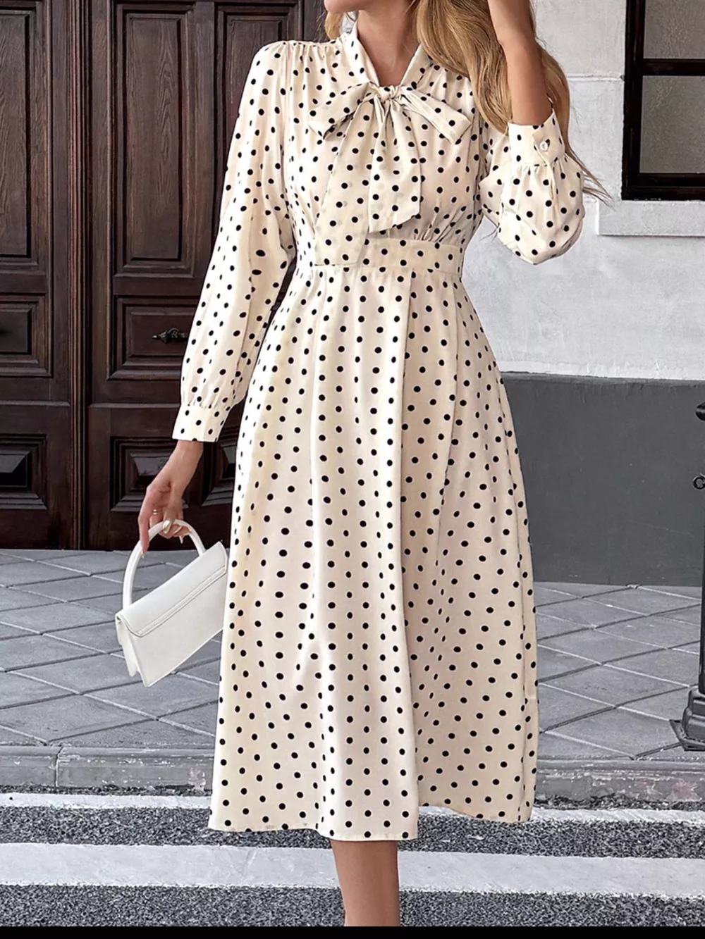 Polka Dot Tie Front Long Sleeve Midi Dress, image 2