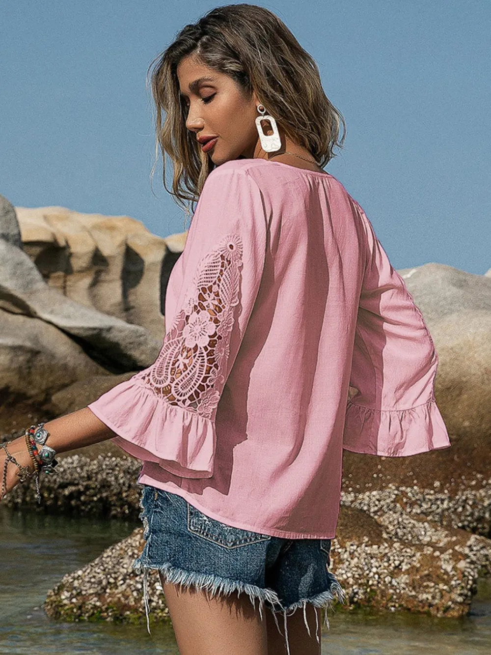V-Neck Lace Flounce Sleeve Blouse, image 2