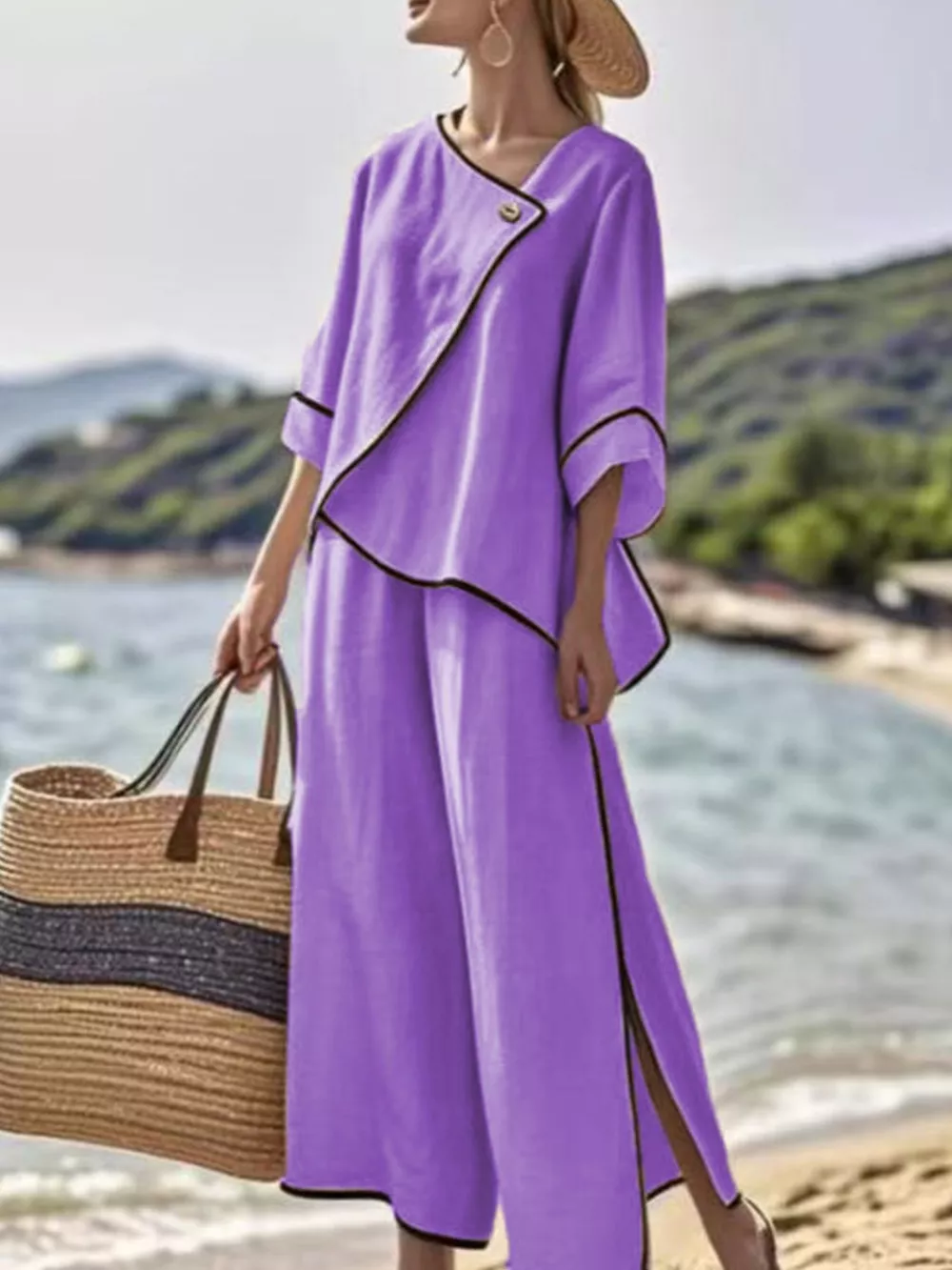 Full Size Contrast Trim Top and Wide Leg Pants Set Plus Size, image 10