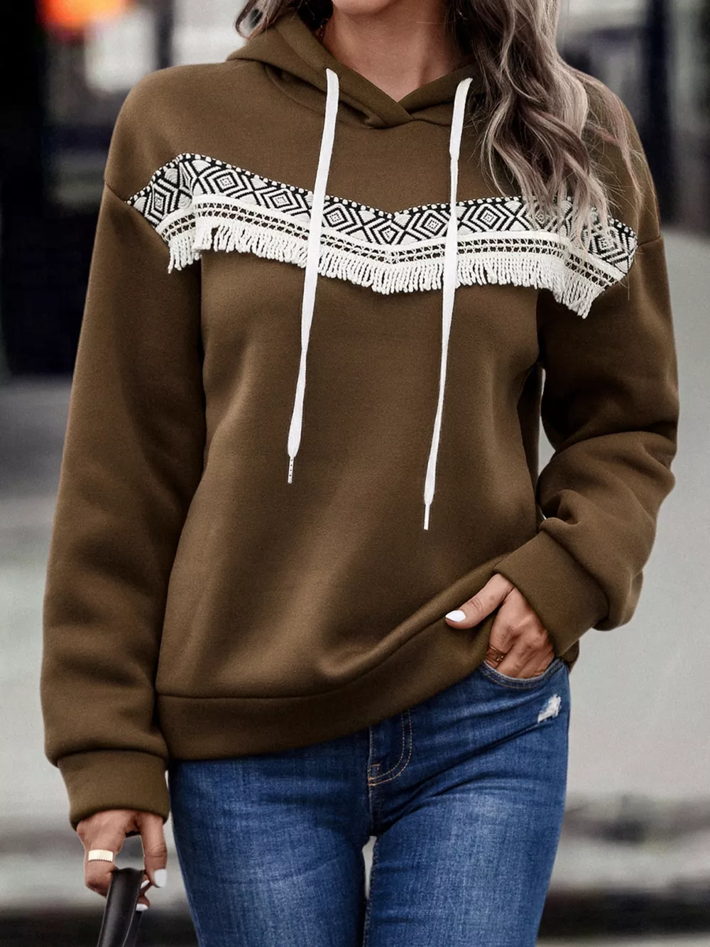 Fringe Detail Long Sleeve Drawstring Hoodie, image 4