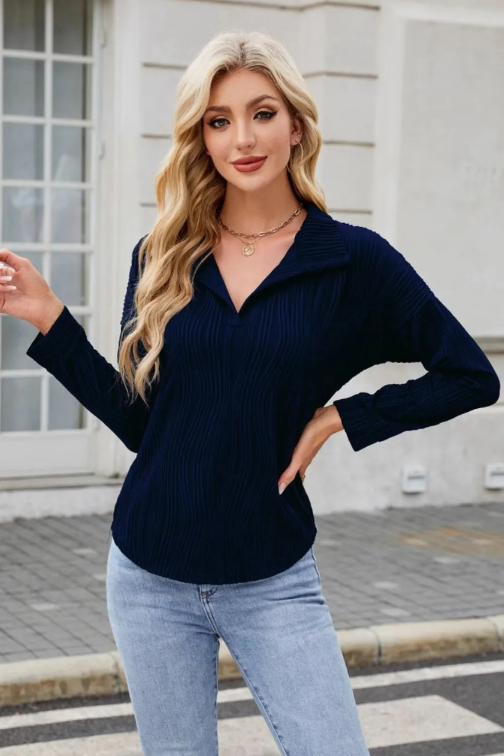 Texture Collared Neck Long Sleeve Blouse, image 11