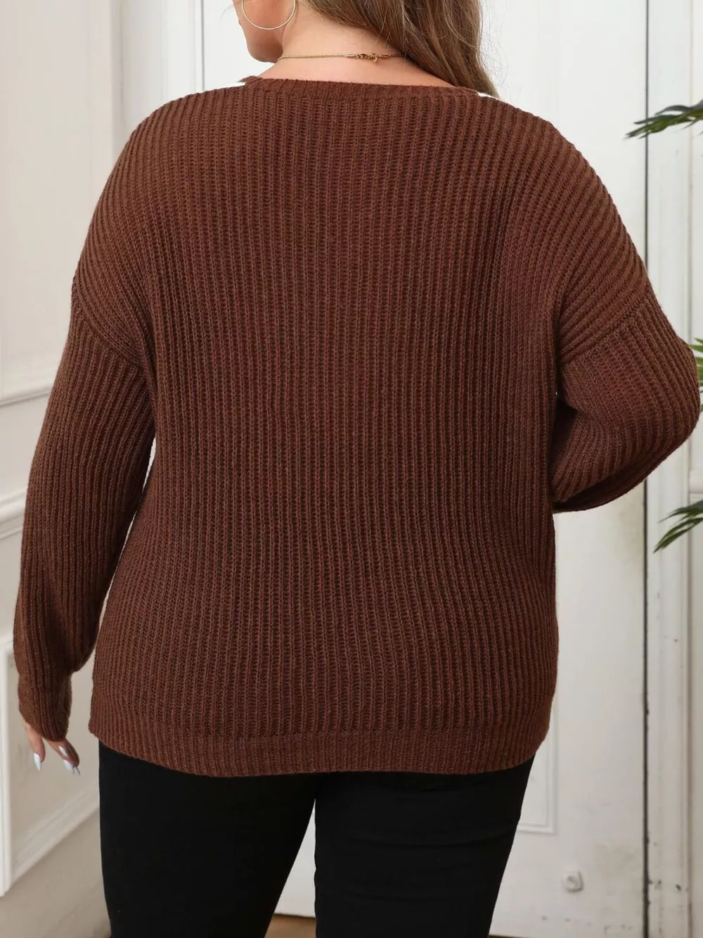 Plus Size Contrast Trim Button-Decorated Sweater, image 10