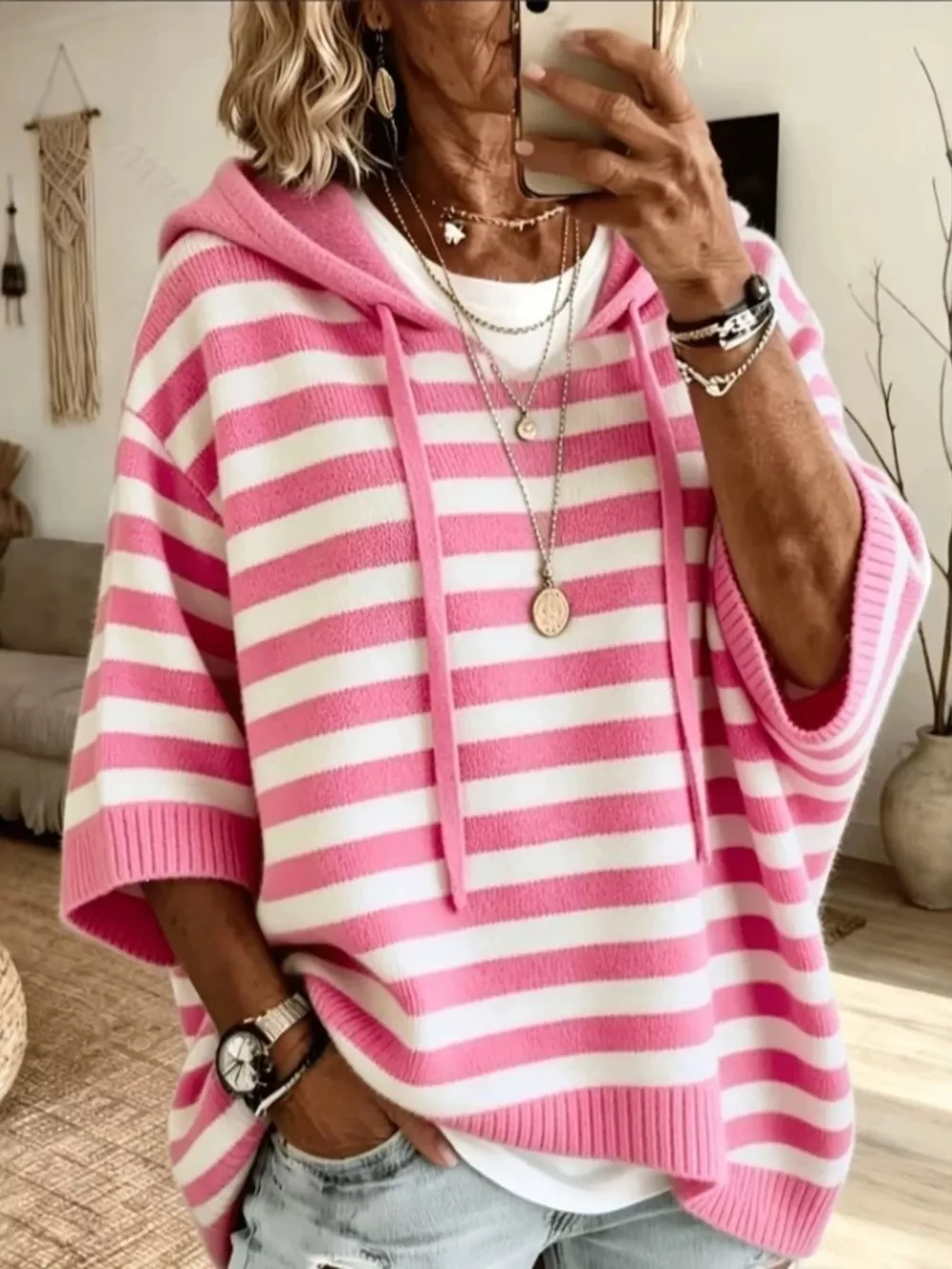 Casual Striped Hooded Knit Sweater, image 8