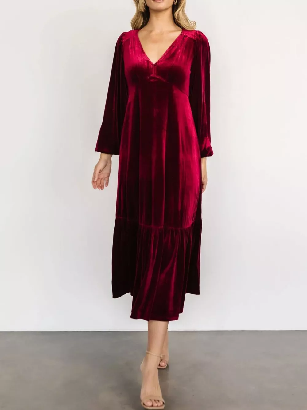 Velvet Tiered Long Sleeve Midi Dress