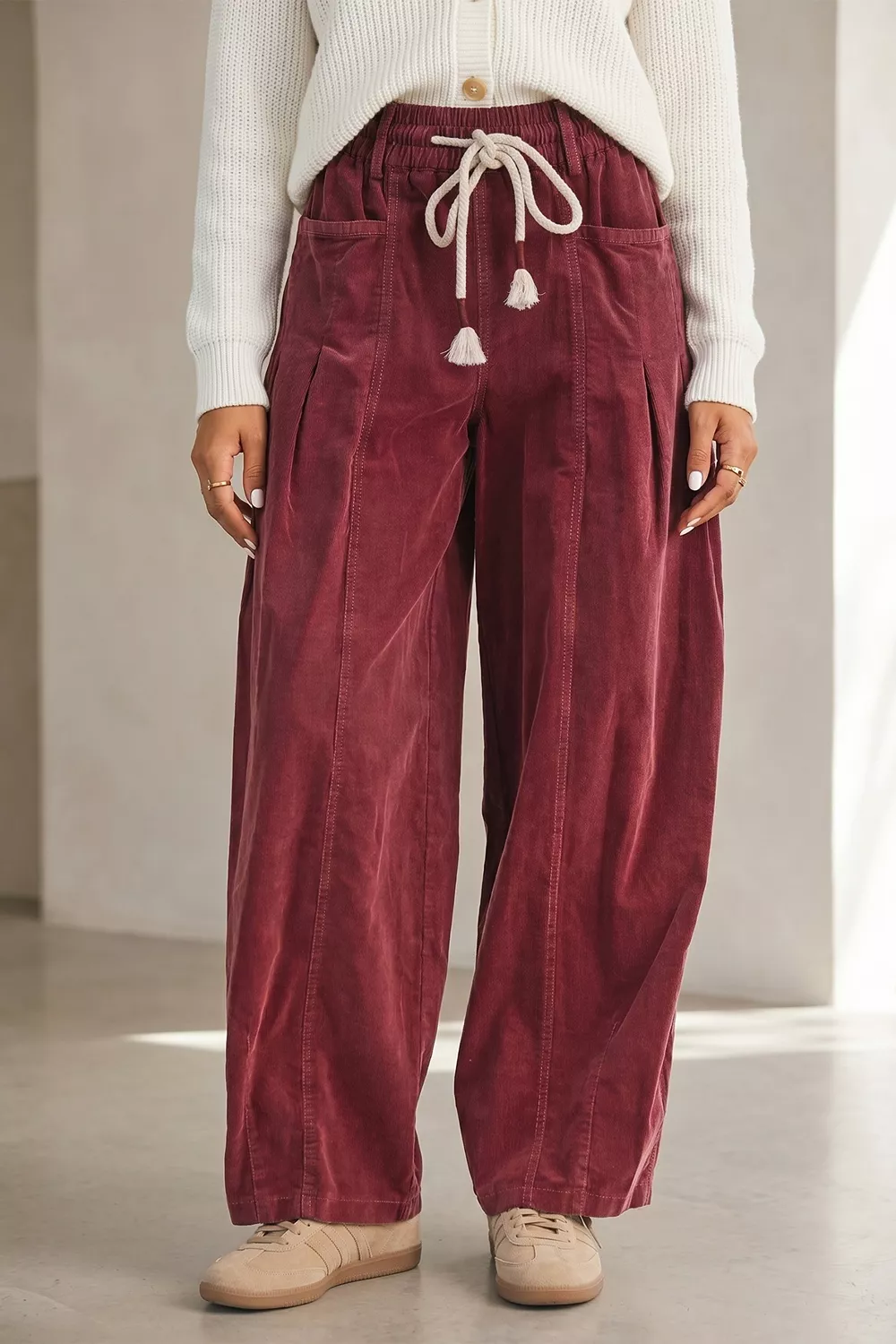Elastic Waist Drawstring Corduroy Casual Pants, image 4