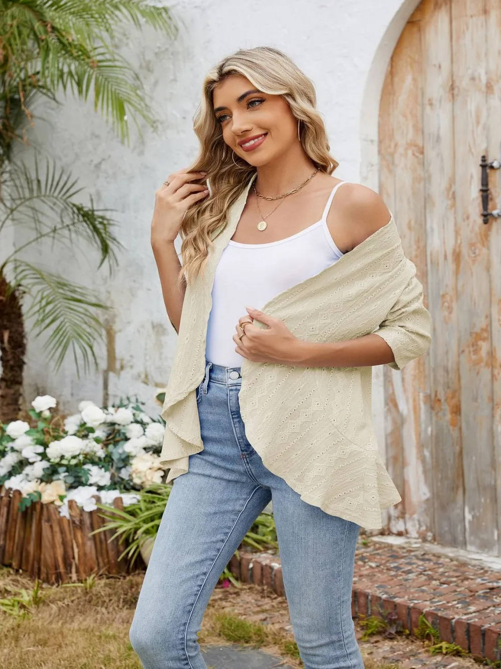 Eyelet Open Front Three-Quarter Sleeve Top, image 7