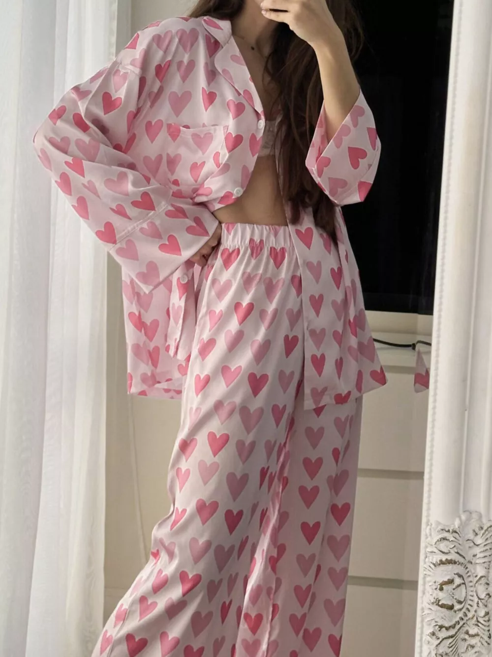 Heart Print Button Up Top and Pants Lounge Set, image 3