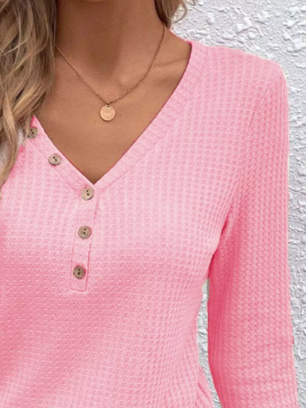 Waffle Knit Button-Detail V-Neck T-Shirt, image 6
