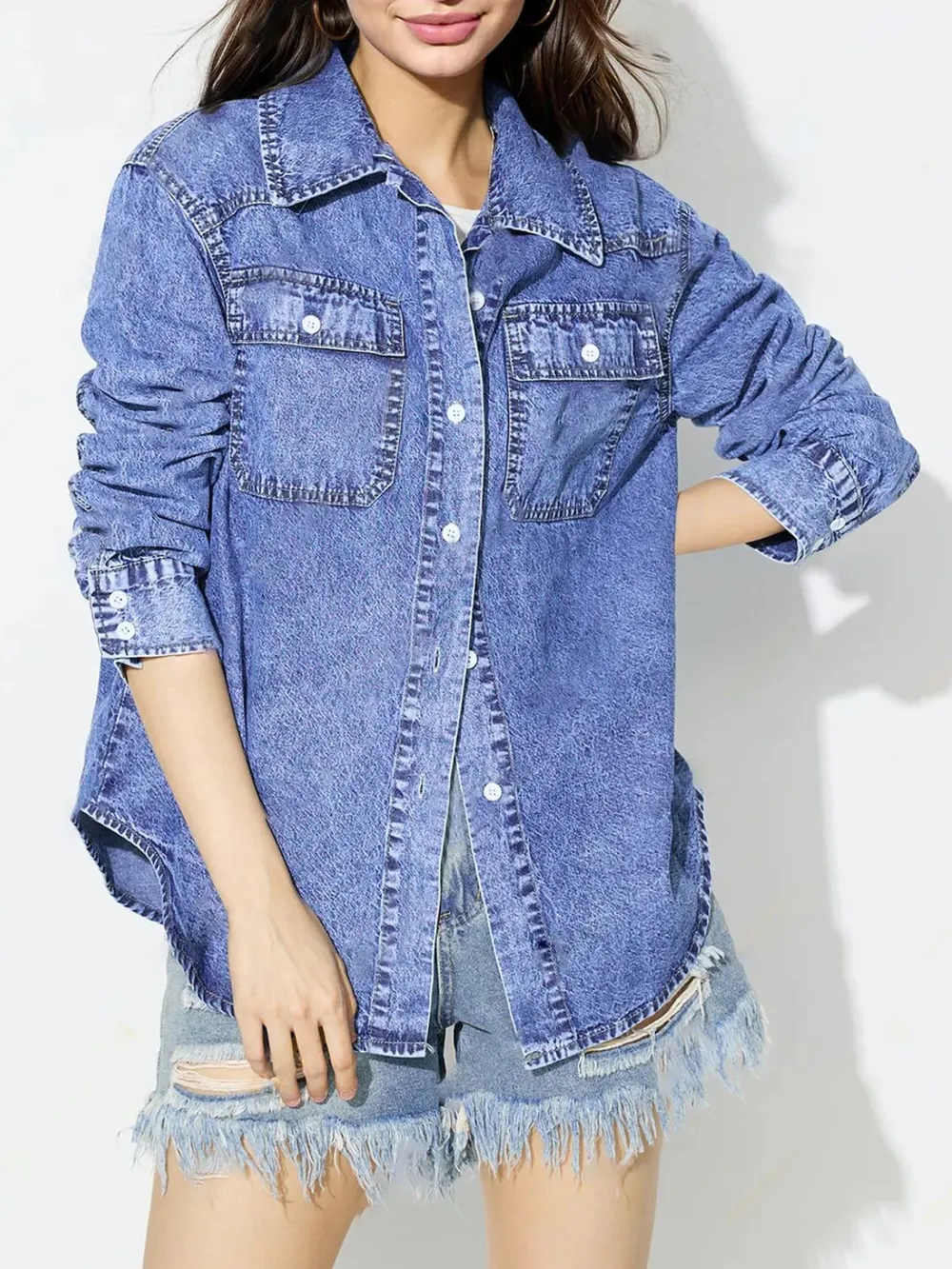Curved Hem Collared Neck Denim Top, image 4