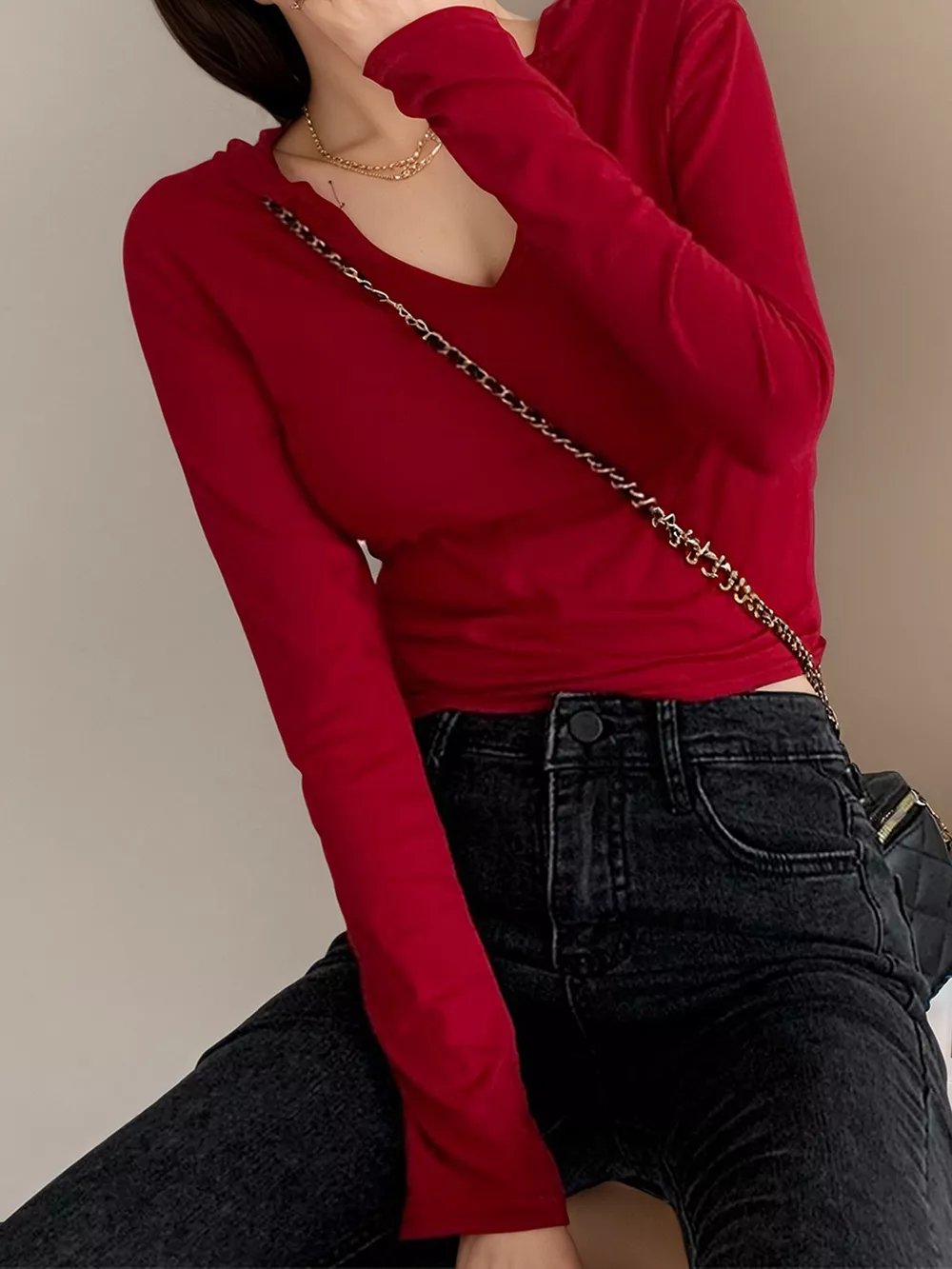 V-Neck Long Sleeve Slim Fit T-Shirt, image 2