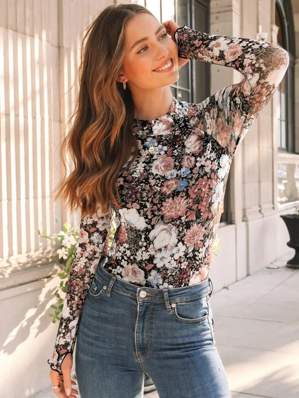 Floral Mock Neck Long Sleeve T-Shirt, image 3