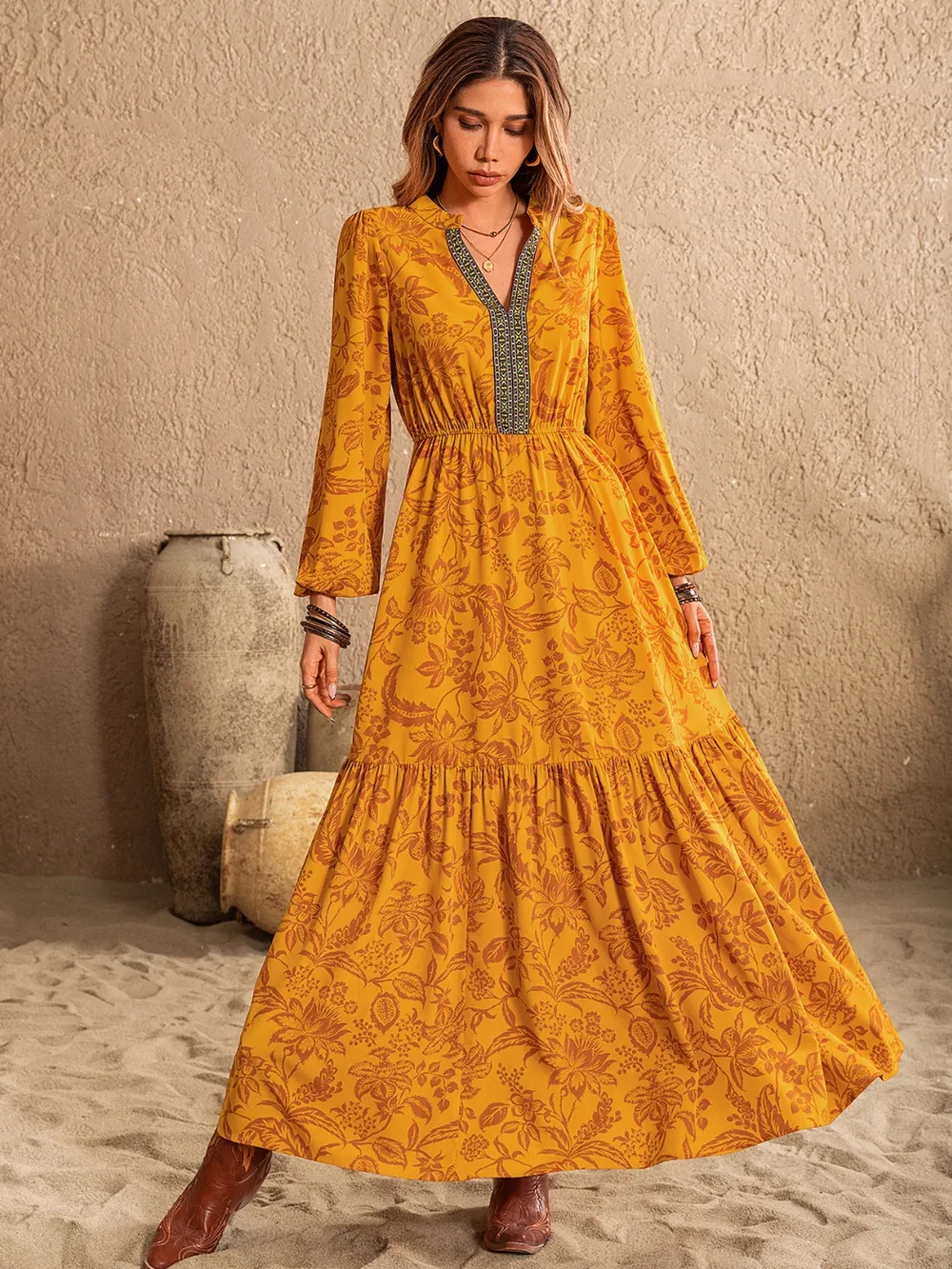 Printed Notched Balloon Sleeve Dress, image 2