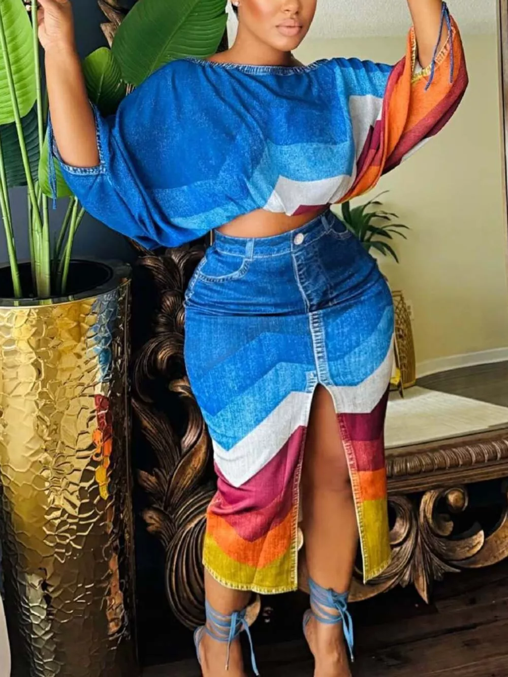 One Shoulder Top and Slit Skirt Set, image 4