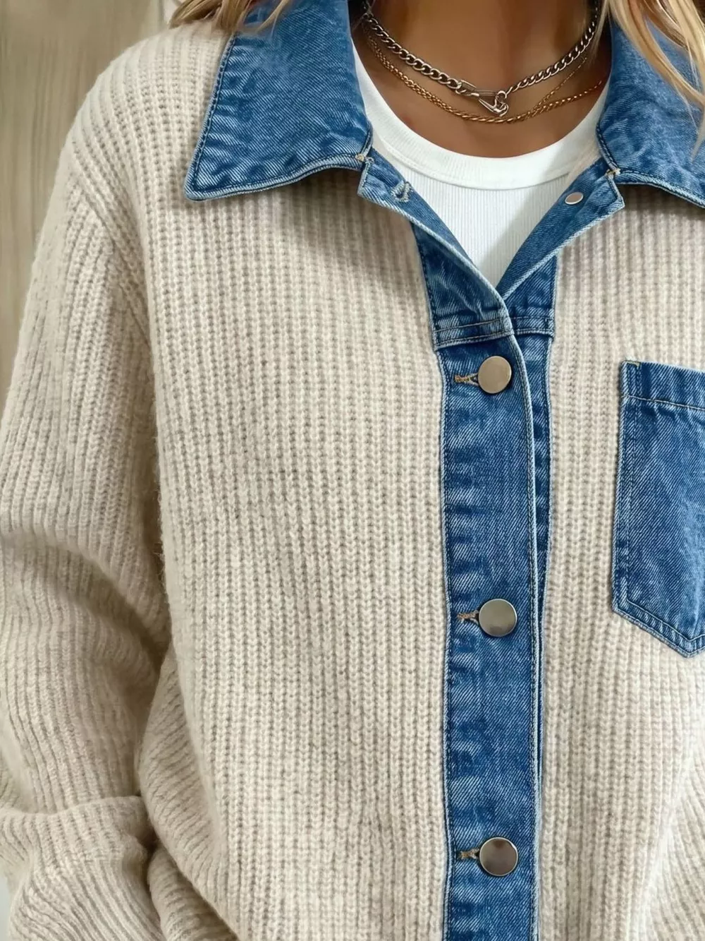 Denim Trim Button Up Cardigan, image 2