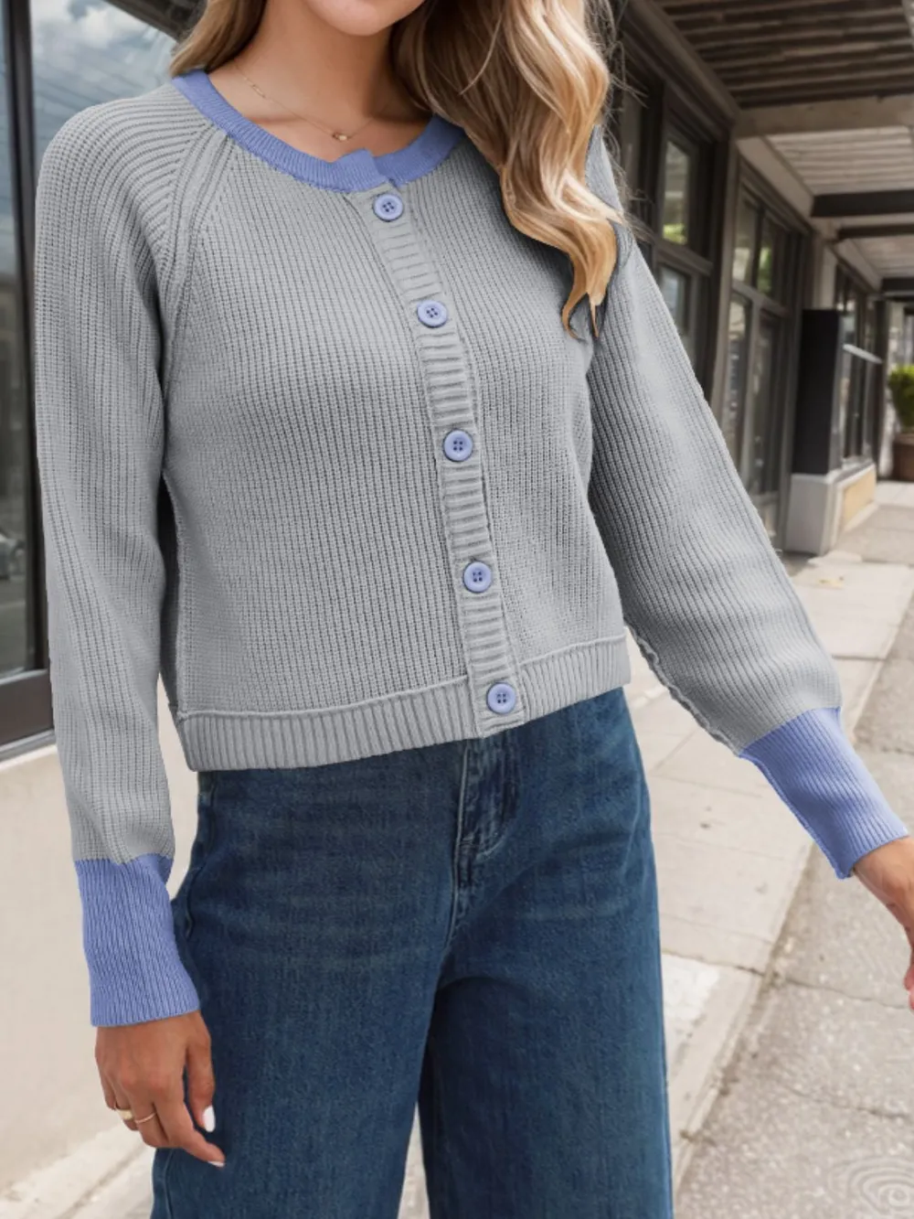 Contrast Button Up Long Sleeve Cardigan, image 7