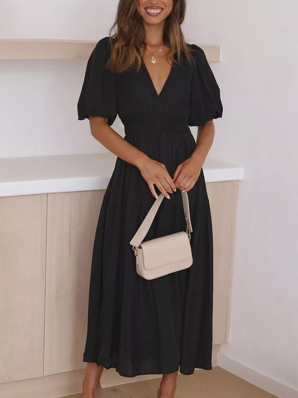 V-Neck Puff Sleeve Midi Dress, image 12