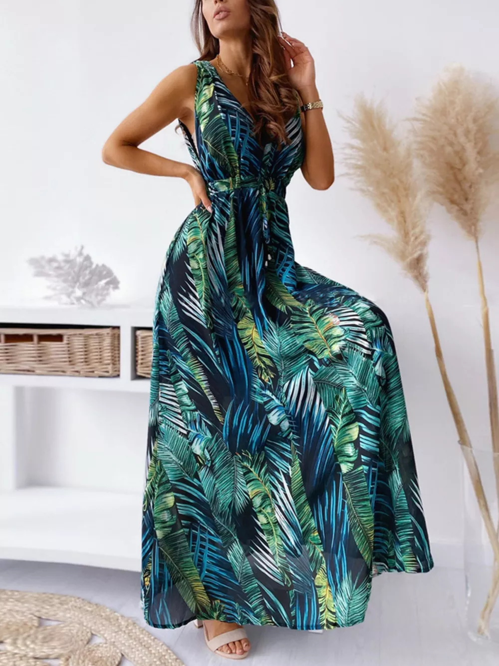 Leaf Print Sleeveless Maxi Dress, image 6