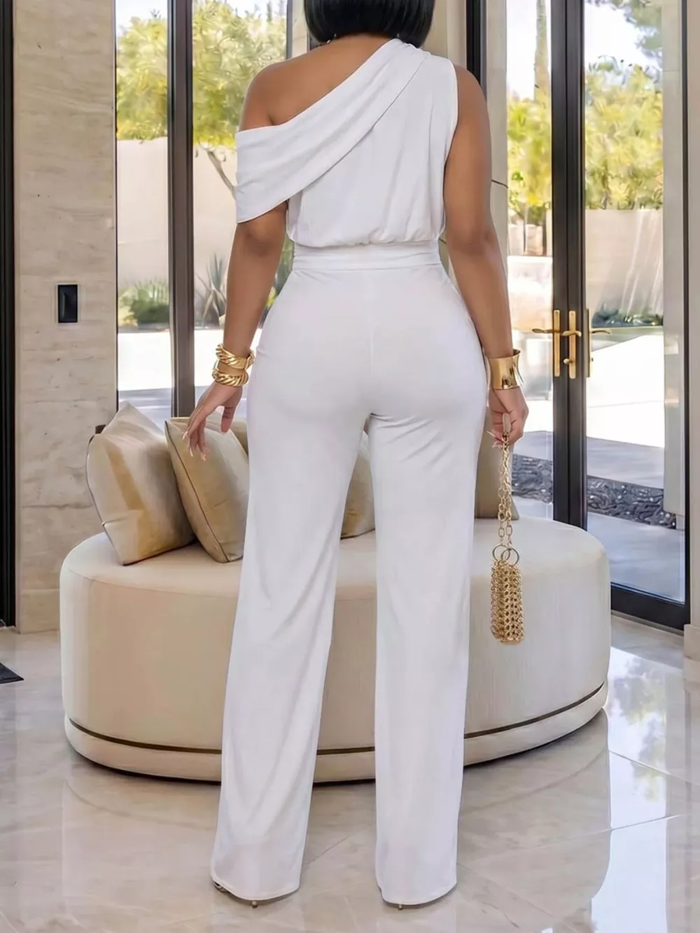 One-Shoulder Draped Wide Leg Jumpsuit, image 3
