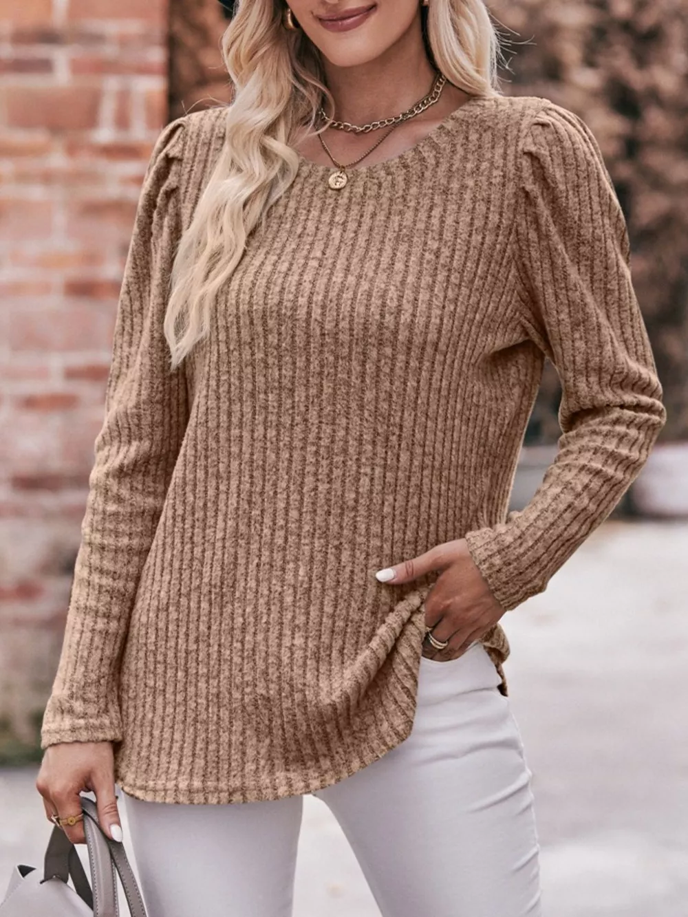 Ribbed Knit Puff Sleeve T-Shirt, image 25