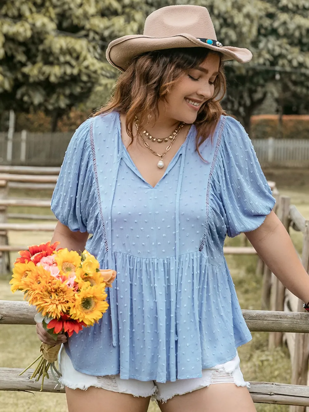 Plus Size Swiss Dot Tie Neck Short Sleeve Blouse, image 2
