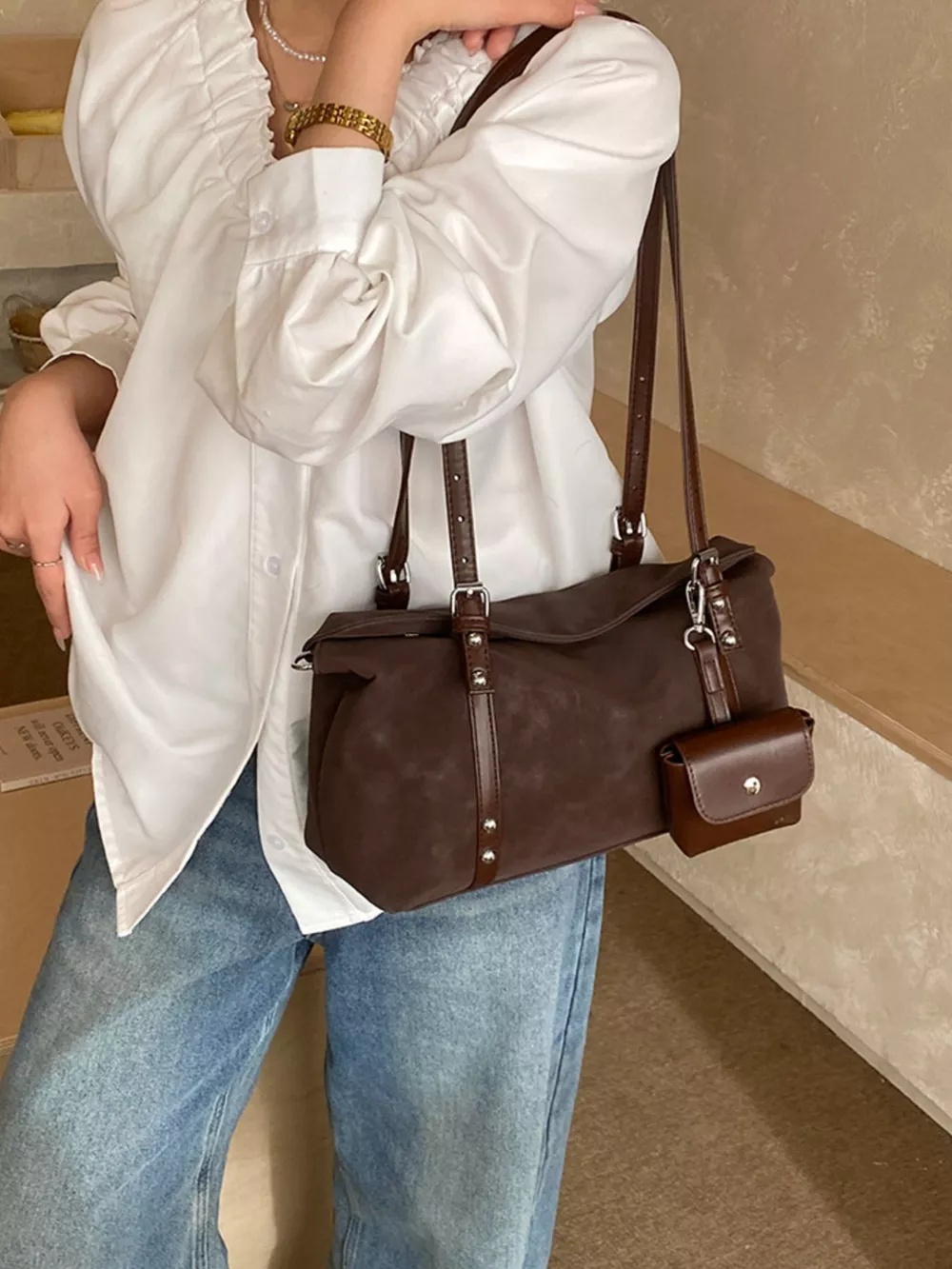 Leather Shoulder Bag with Detachable Pouch, image 4