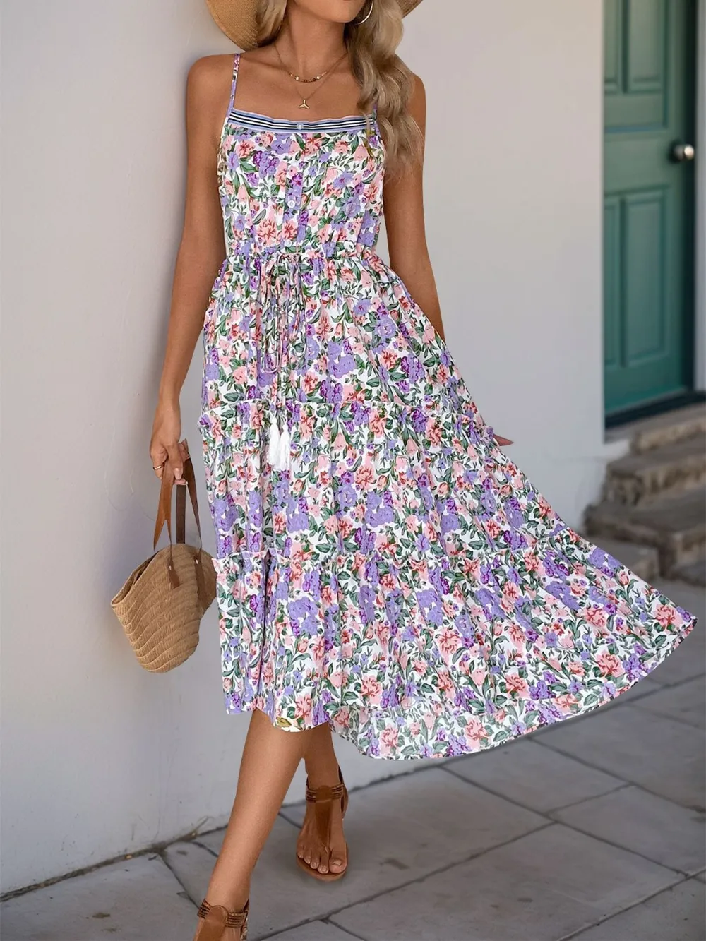 Decor Button Printed Sleeveless Tiered Midi Dress, image 2