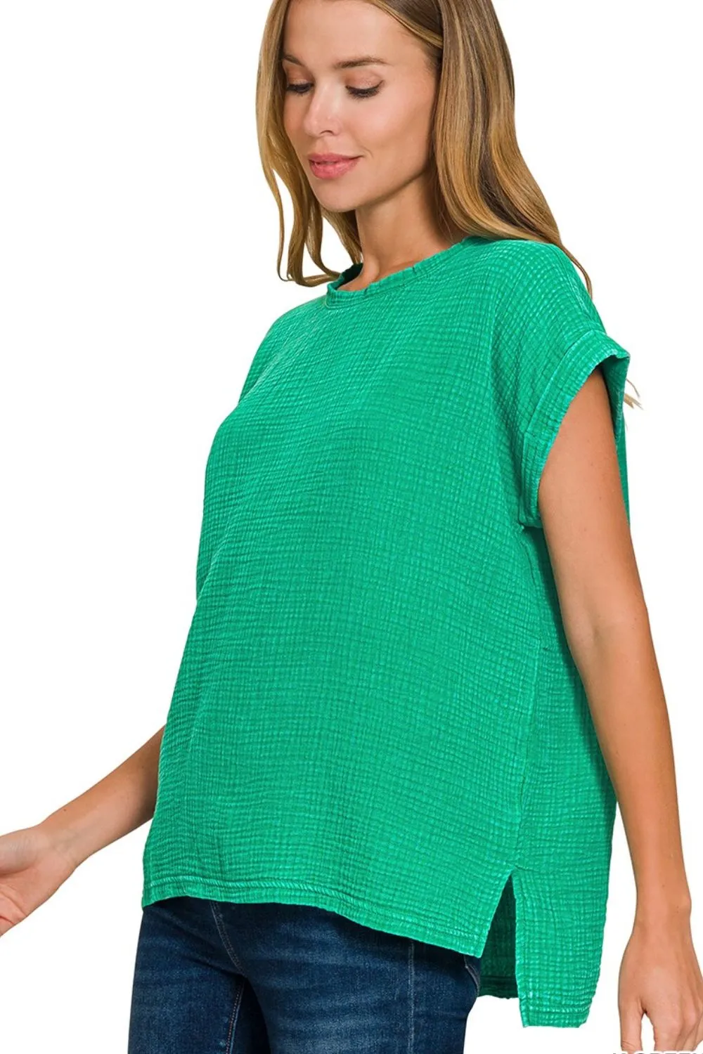 Woven Double Gauze Acid Washed Short Sleeve Top, image 2
