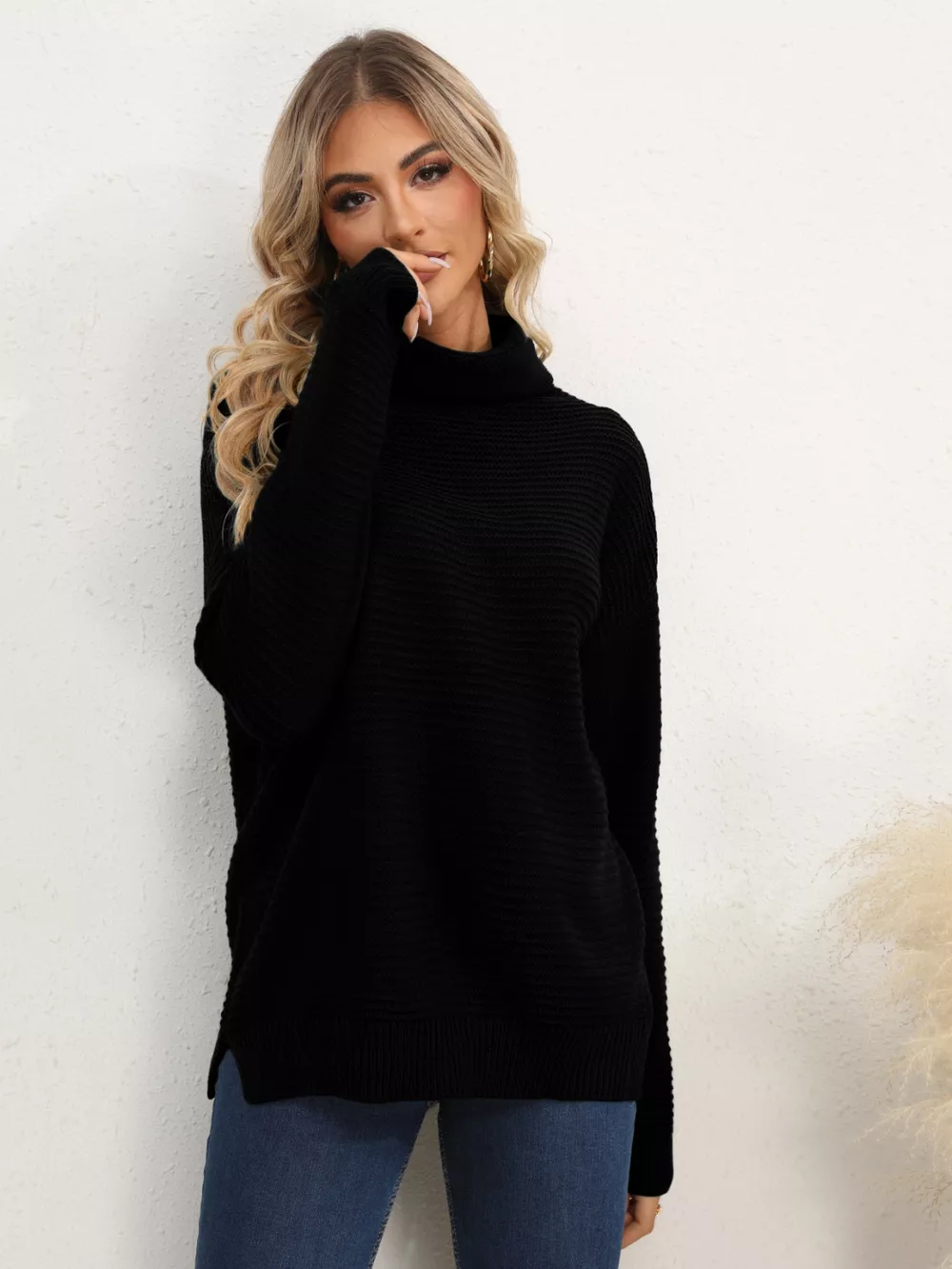 Slit Turtleneck Dropped Shoulder Sweater, image 33