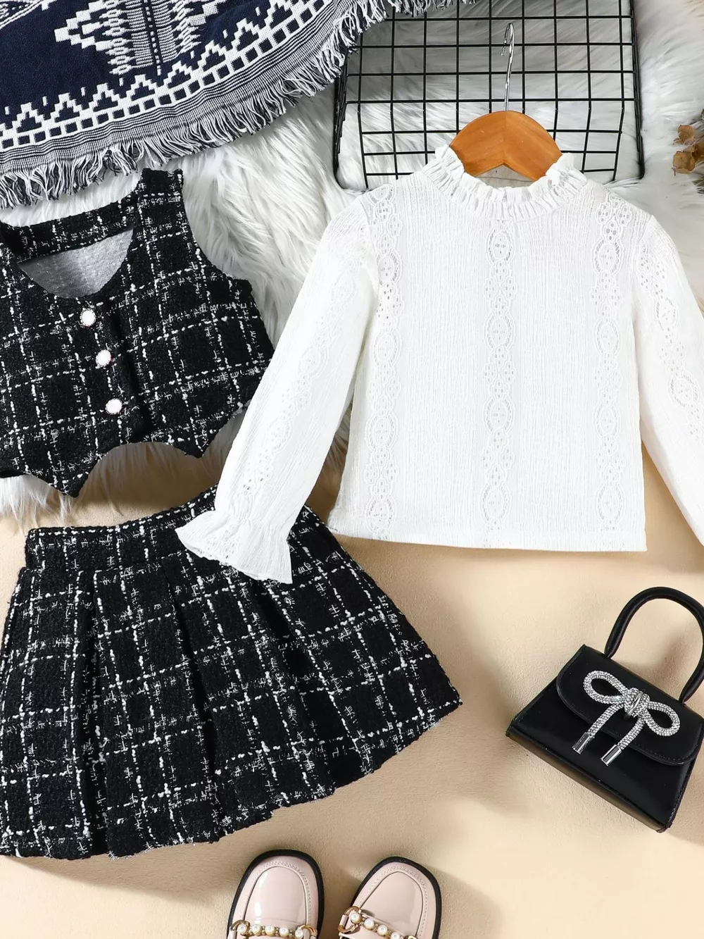 Children's Long Sleeve Top & Plaid Vest & Pleated Skirt Set, image 6