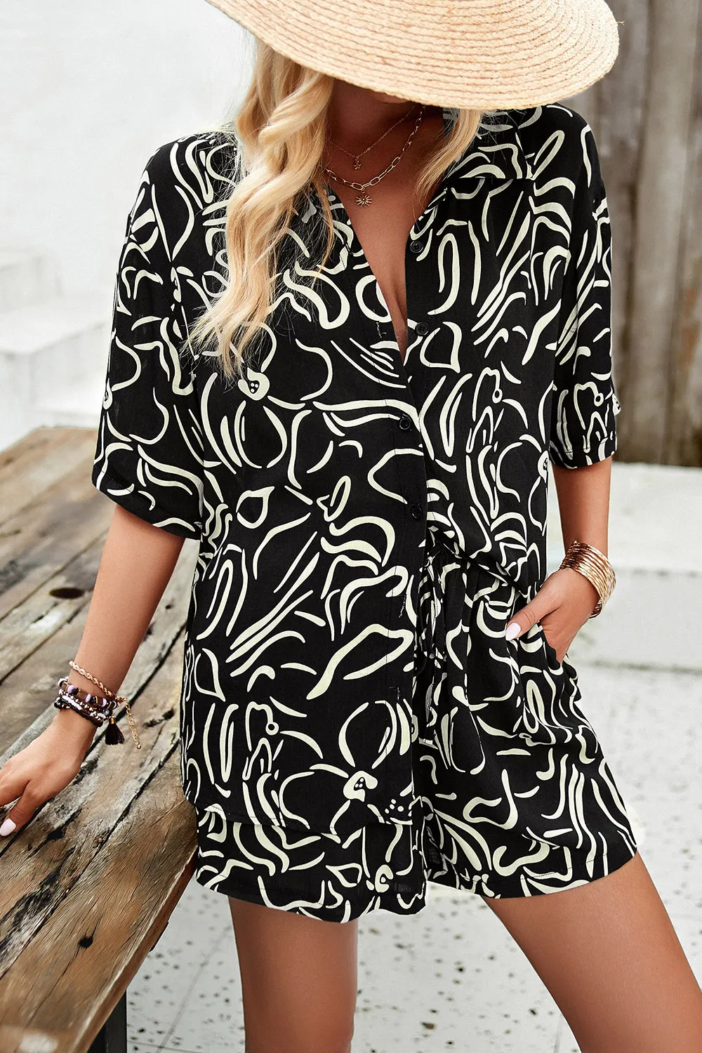 Printed Button Up Shirt and Shorts Set, image 8