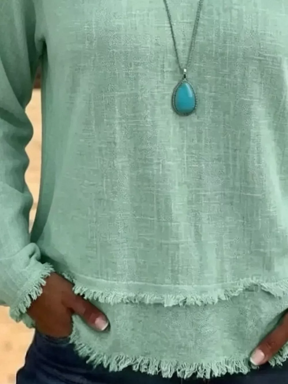 V-Neck Long Sleeve Blouse with Frayed Hem Detail, image 17