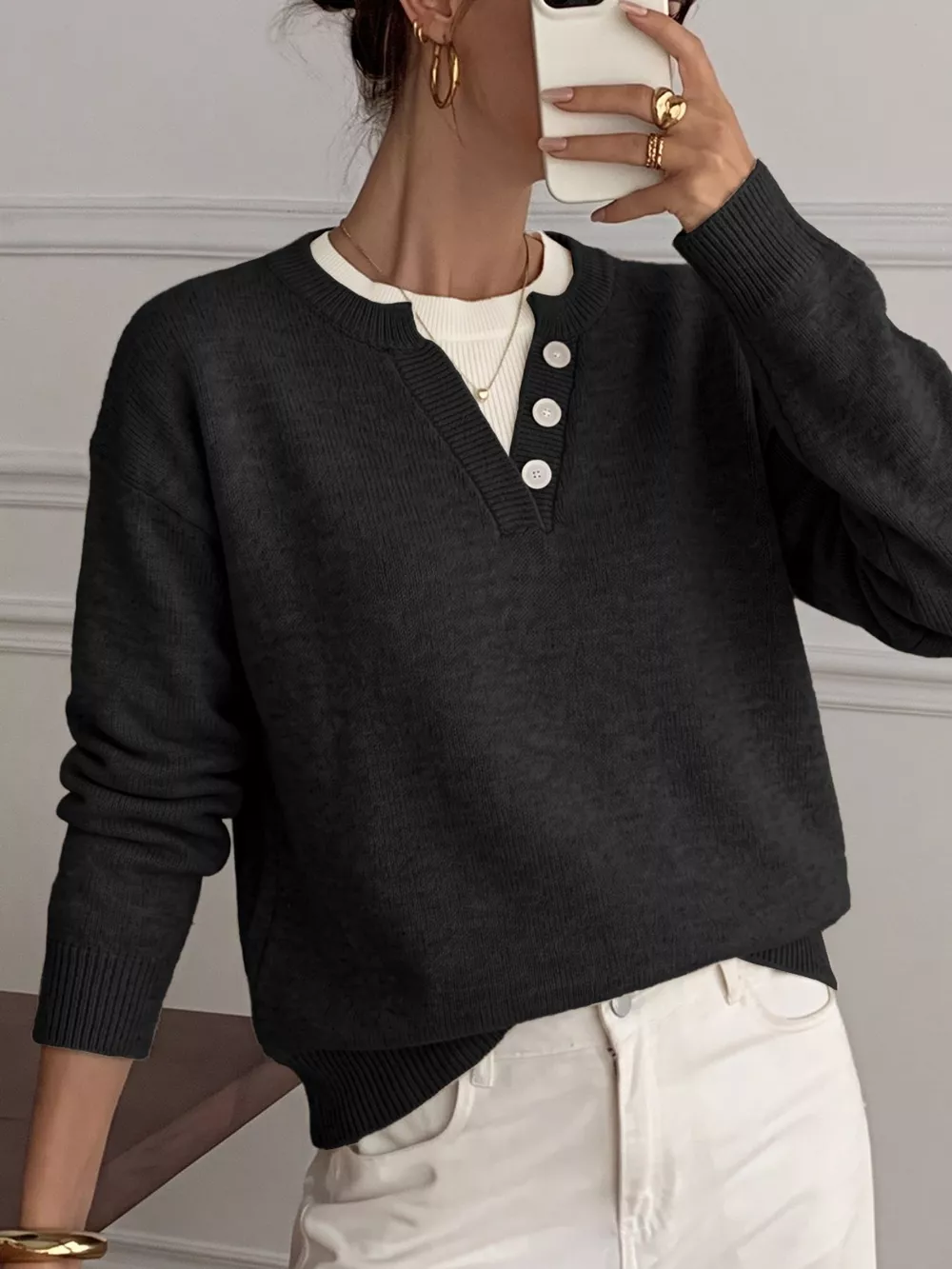 Decor Button-Placket Ribbed Knit Sweater, image 10